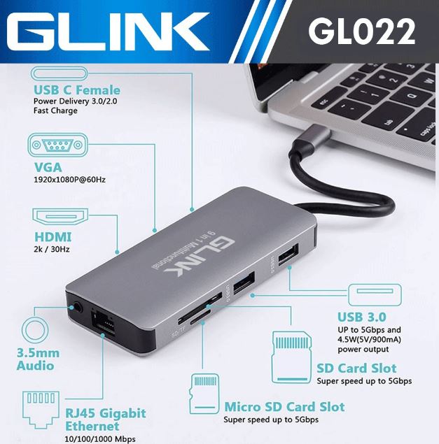 GLink GL-022 USB C 9 in 1 Multi-functional Adapter