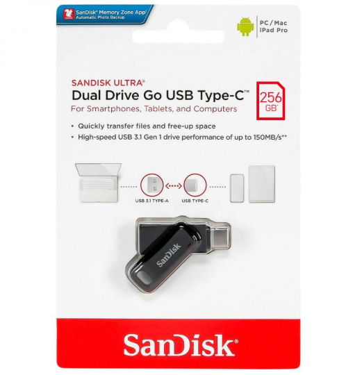 SANDISK 256GB Ultra Dual USB 3.2 Type-C (USB-C & USB-A) Flash Drive